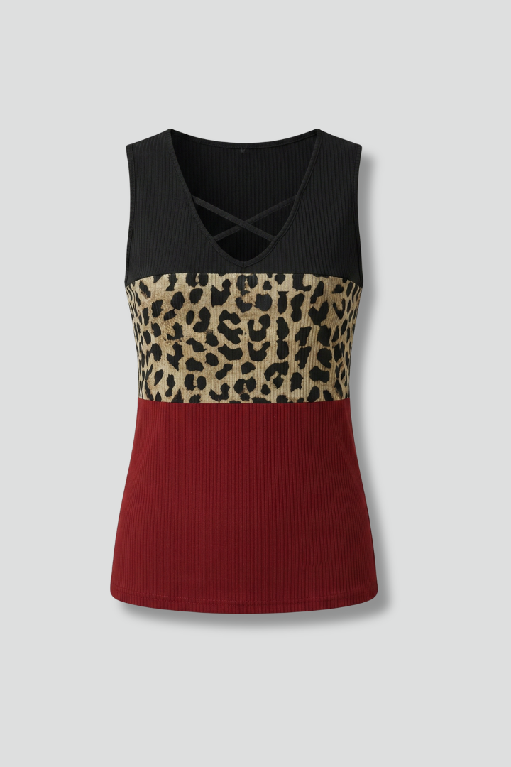 Women’s Sleeveless Top with Criss-cross Neck and Animal Print
