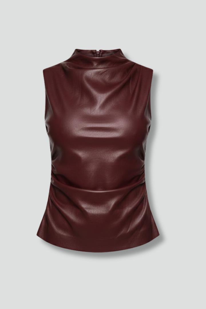 Women’s Sleeveless Top with High Neck and Coated Surface