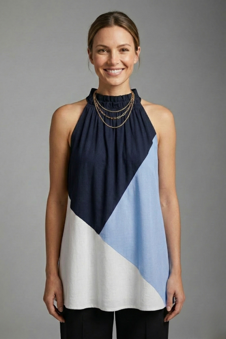 Women’s Sleeveless Top with Round Neck and Colour Block Panels