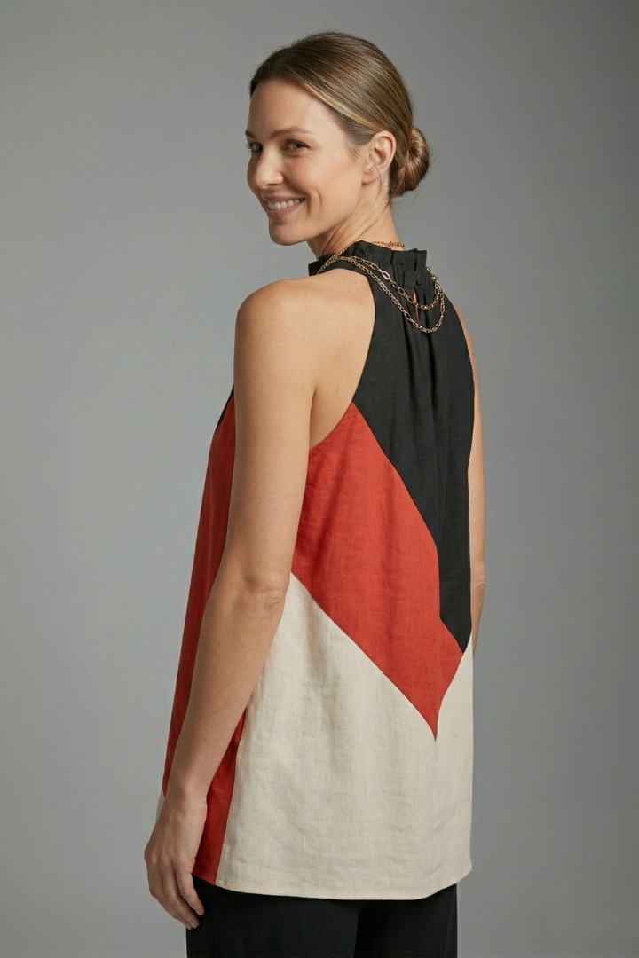 Women’s Sleeveless Top with Round Neck and Colour Block Panels