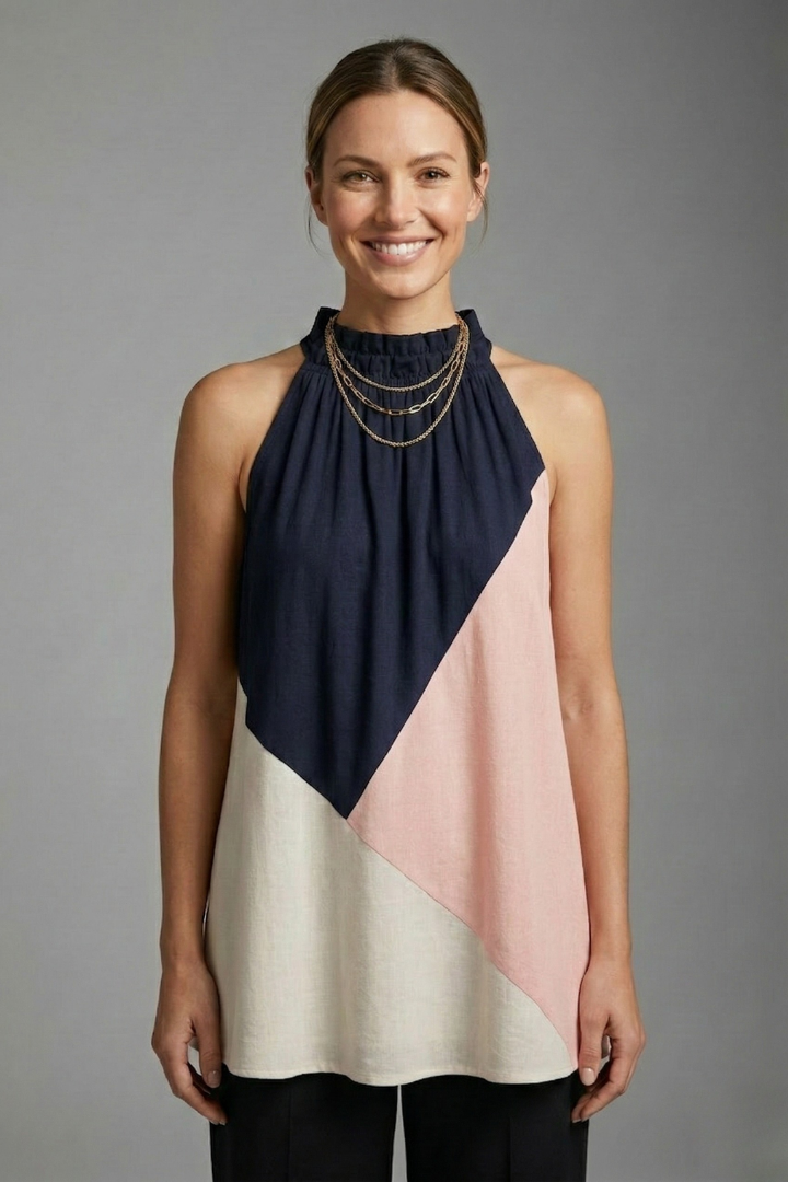 Women’s Sleeveless Top with Round Neck and Colour Block Panels