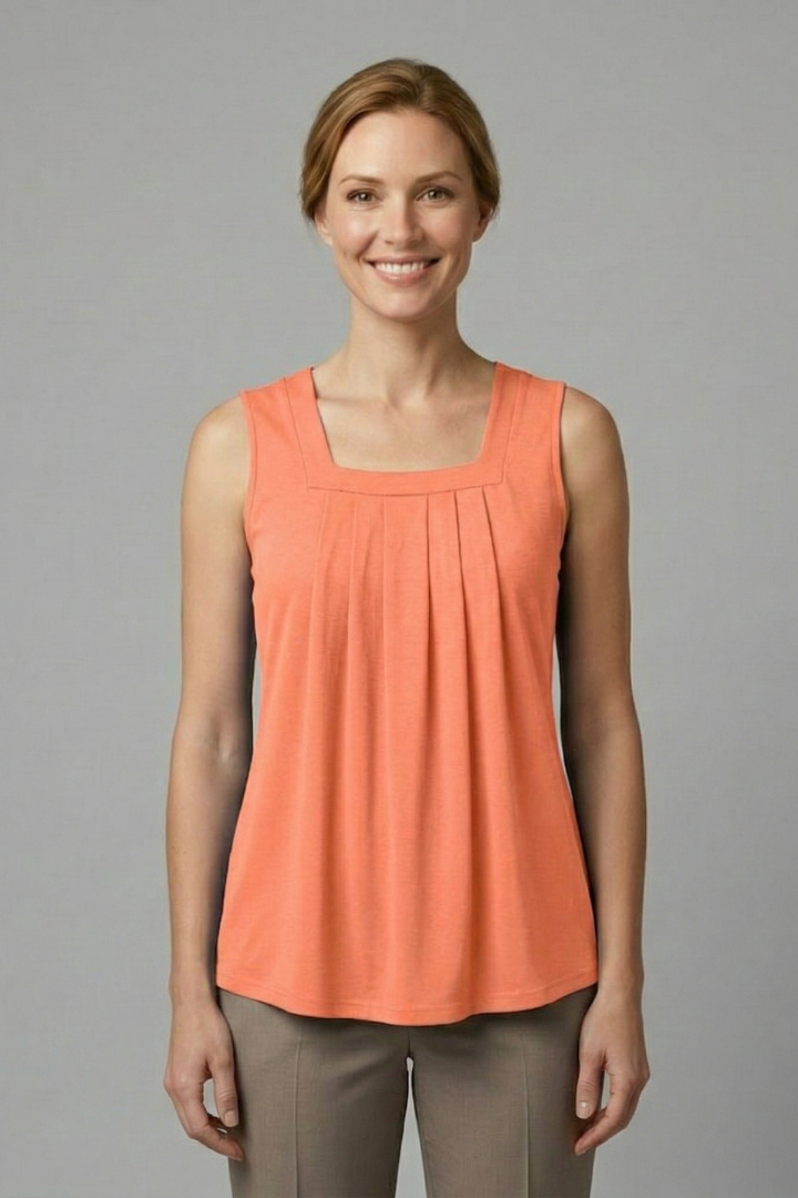 Women’s Sleeveless Top with Round Neck and Pleated Front