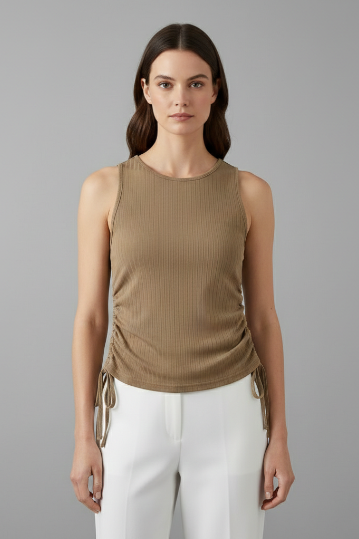 Women’s Sleeveless Top with Round Neck and Side Ruching