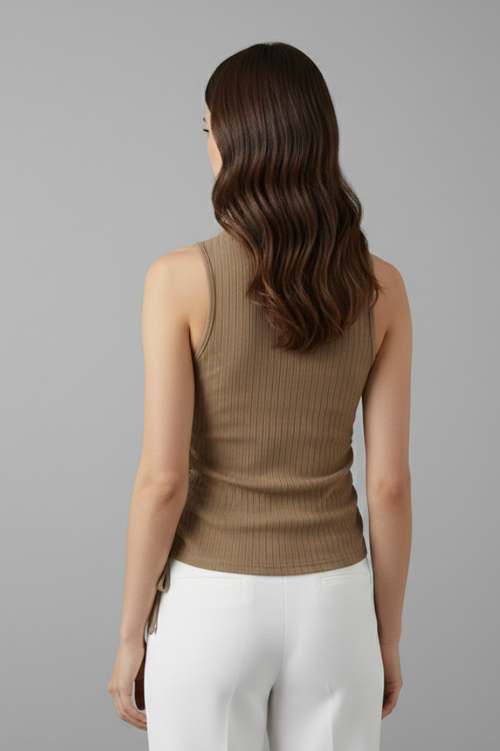 Women’s Sleeveless Top with Round Neck and Side Ruching