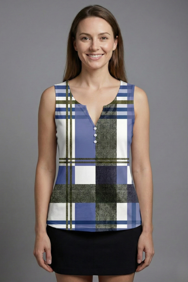 Women’s Sleeveless Top with V-Neck and Check Print