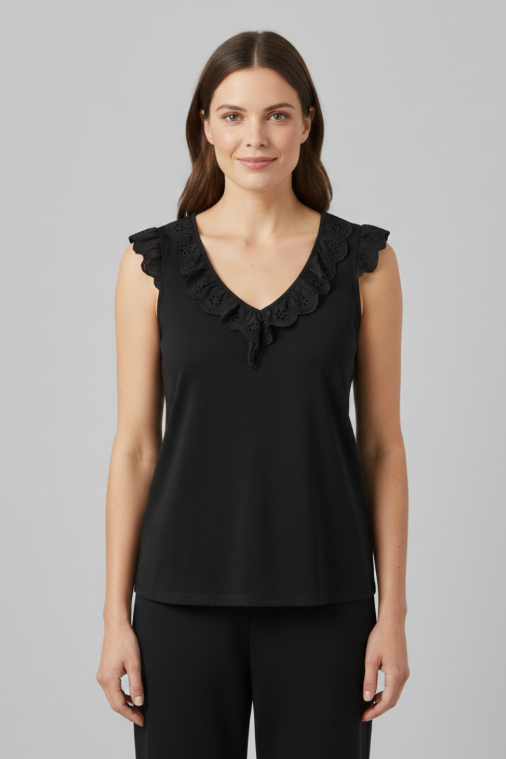 Women’s Sleeveless Top with V-Neck and Lace Trim