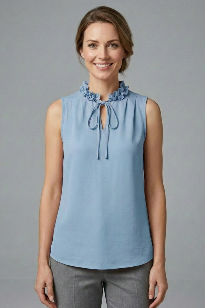 Women’s Sleeveless Top with V-Neck and Ruffle Detail