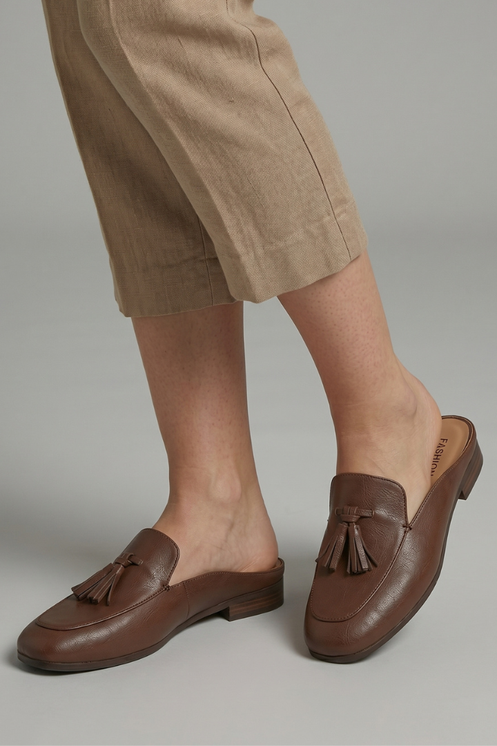 Women's Slip-On Heeled Leather Shoes with Plain Toe and TPR Sole