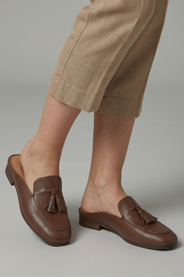 Women's Slip-On Heeled Leather Shoes with Plain Toe and TPR Sole