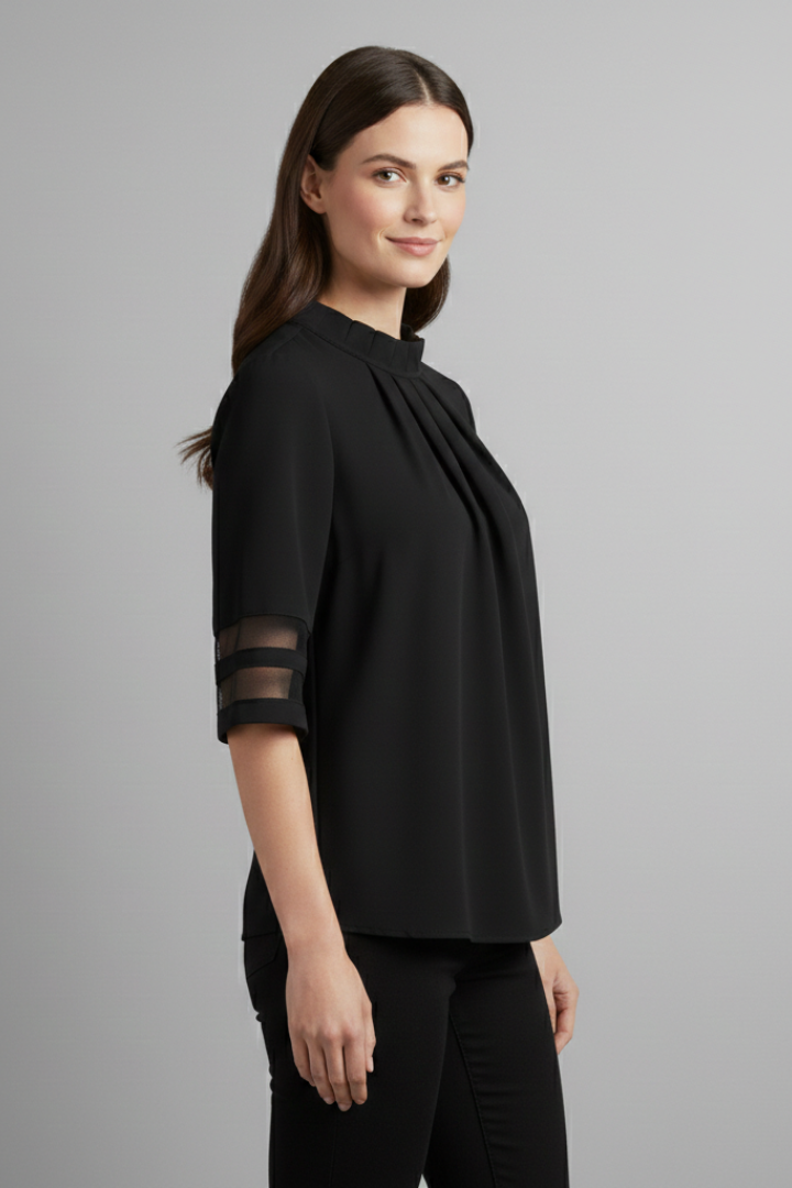 Women’s T-Shirt with High Neck and Mesh Sleeves