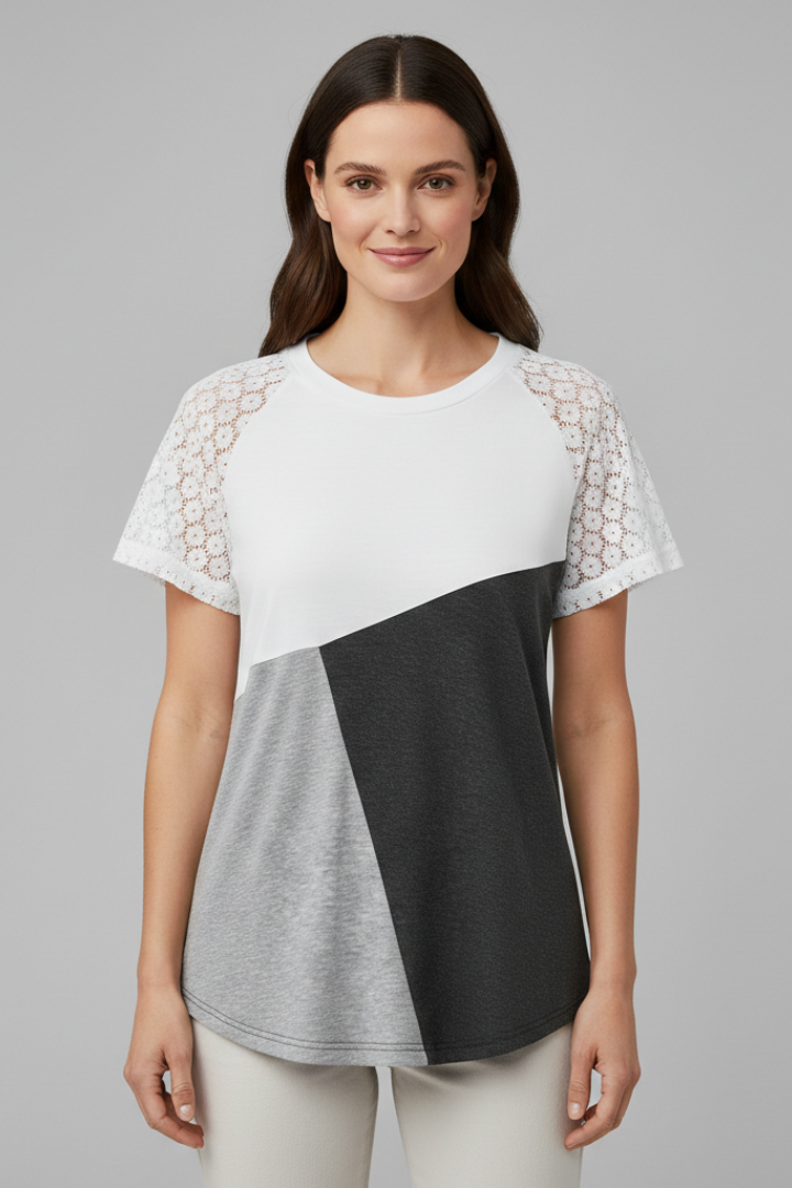 Women’s T-Shirt with Lace Sleeves and Colour Block Design