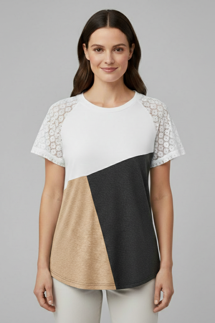 Women’s T-Shirt with Lace Sleeves and Colour Block Design