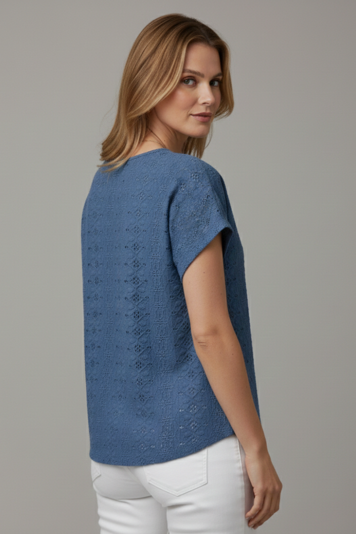 Women’s T-Shirt with Notched Neckline and Eyelet Surface
