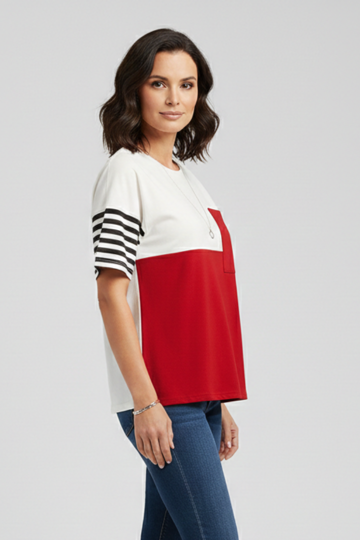 Women’s T-Shirt with Striped Sleeves and Chest Pocket