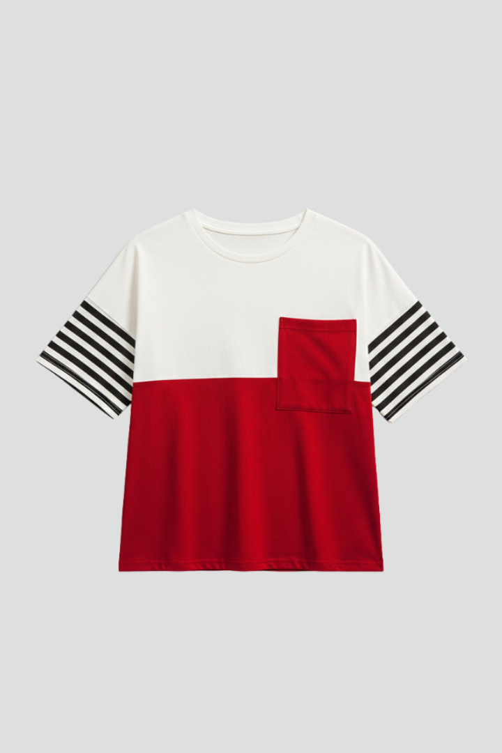 Women’s T-Shirt with Striped Sleeves and Chest Pocket