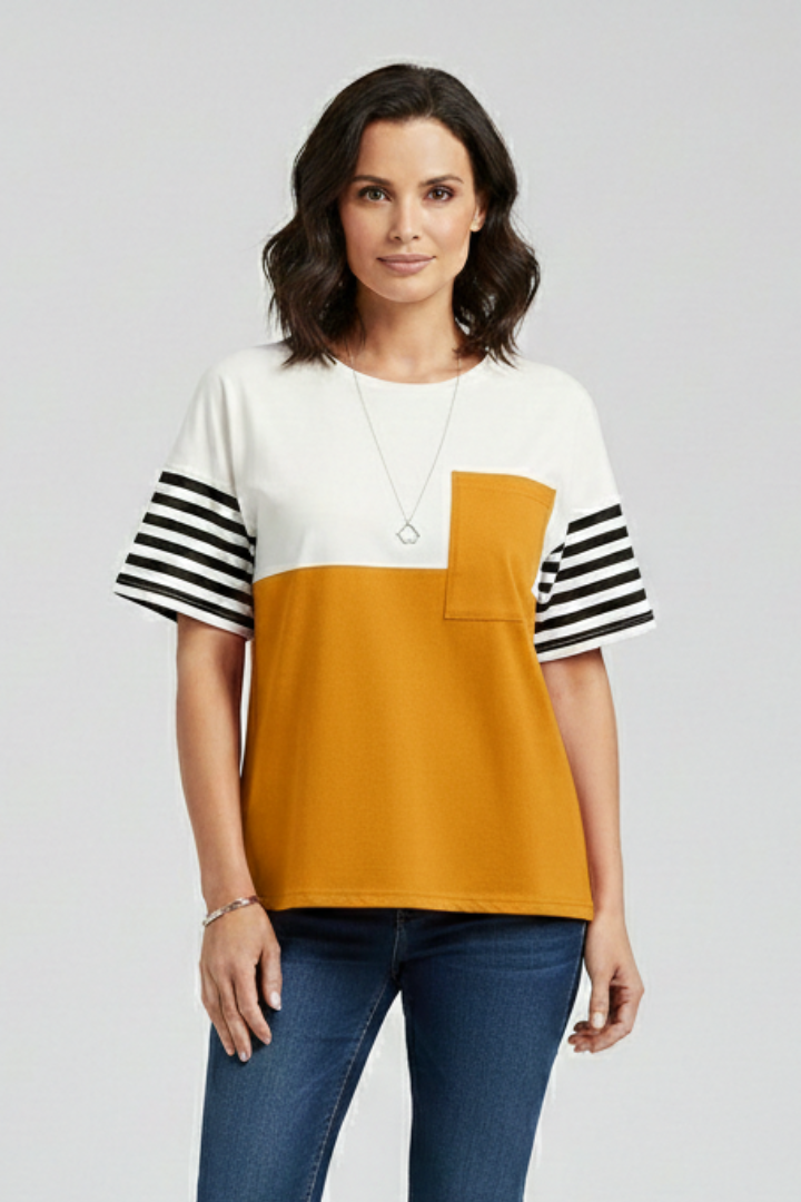 Women’s T-Shirt with Striped Sleeves and Chest Pocket