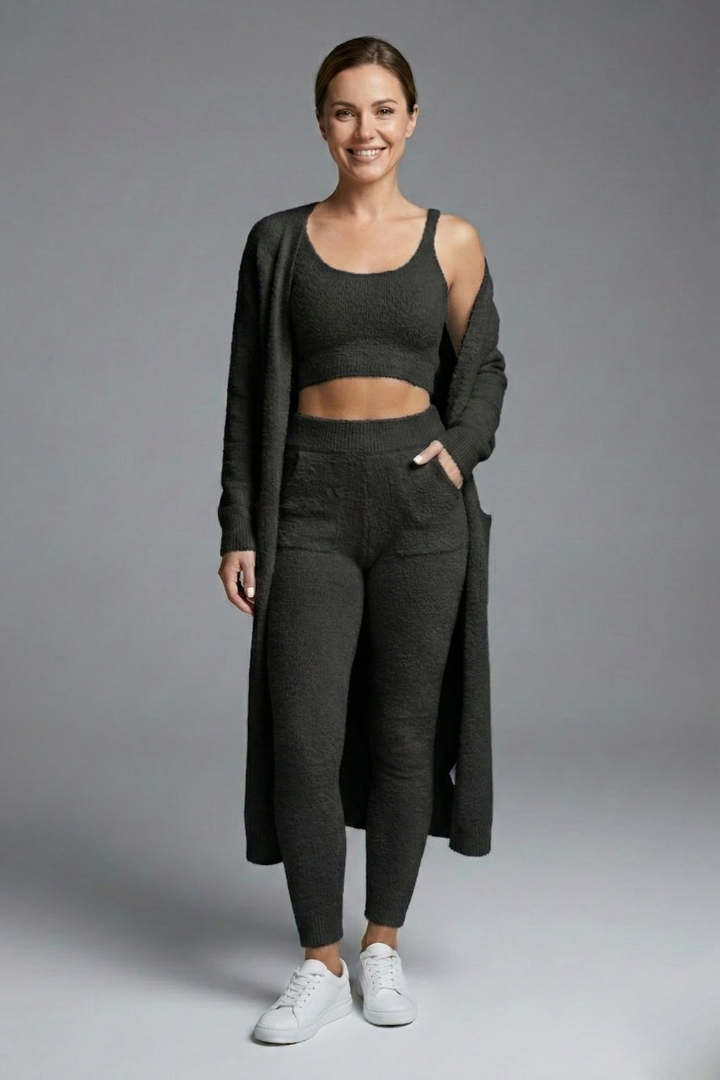 Women’s Three Piece Set with Crop Top and Open Cardigan
