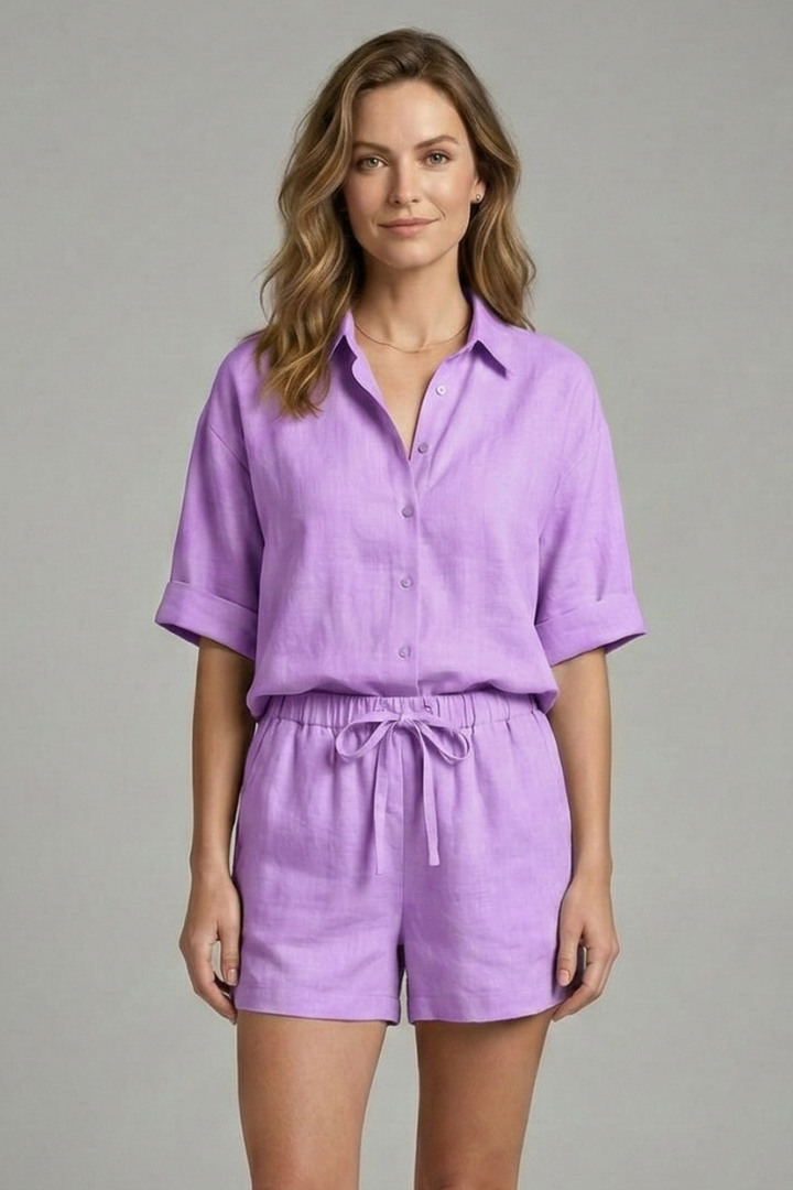 Women’s Two-Piece Set with Button Fastening and Drawstring Shorts