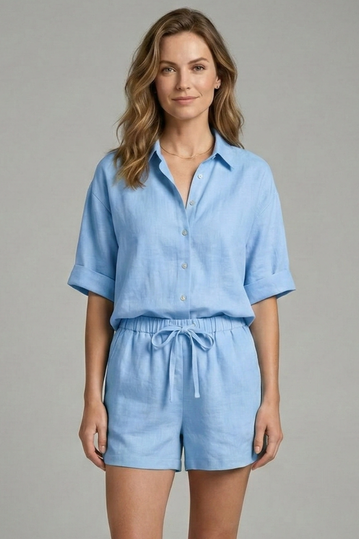 Women’s Two-Piece Set with Button Fastening and Drawstring Shorts