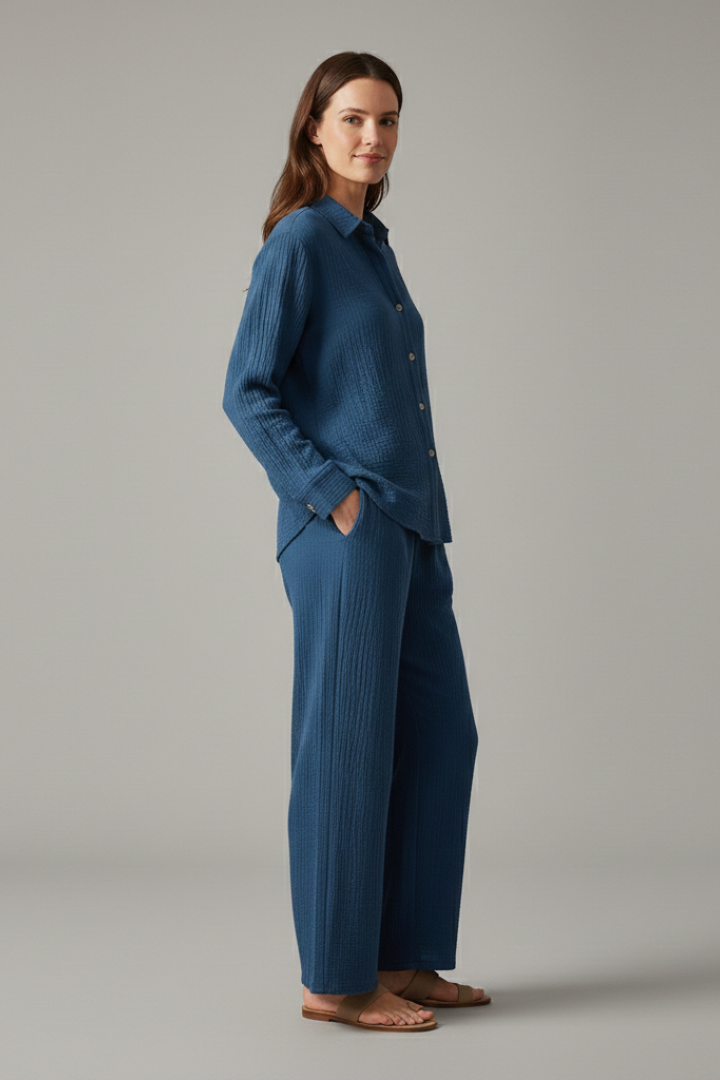 Women’s Two-Piece Set with Button Shirt and Wide Trousers