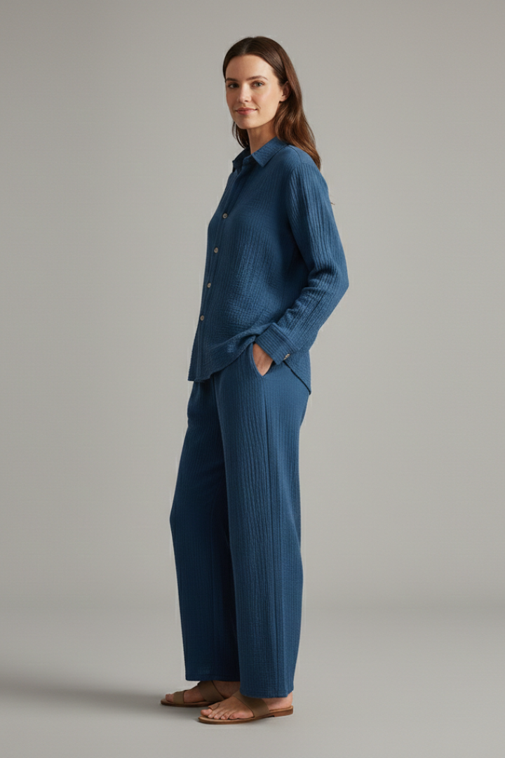 Women’s Two-Piece Set with Button Shirt and Wide Trousers