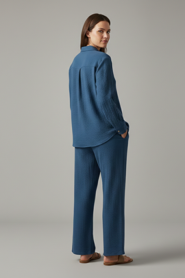Women’s Two-Piece Set with Button Shirt and Wide Trousers
