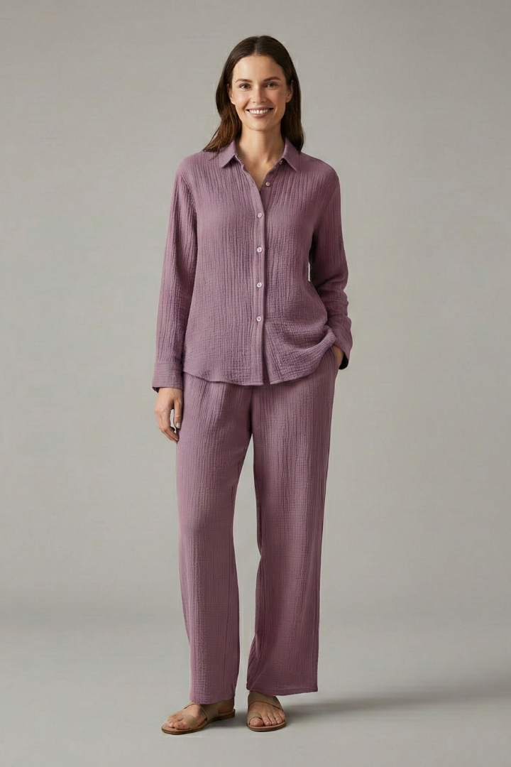Women’s Two-Piece Set with Button Shirt and Wide Trousers
