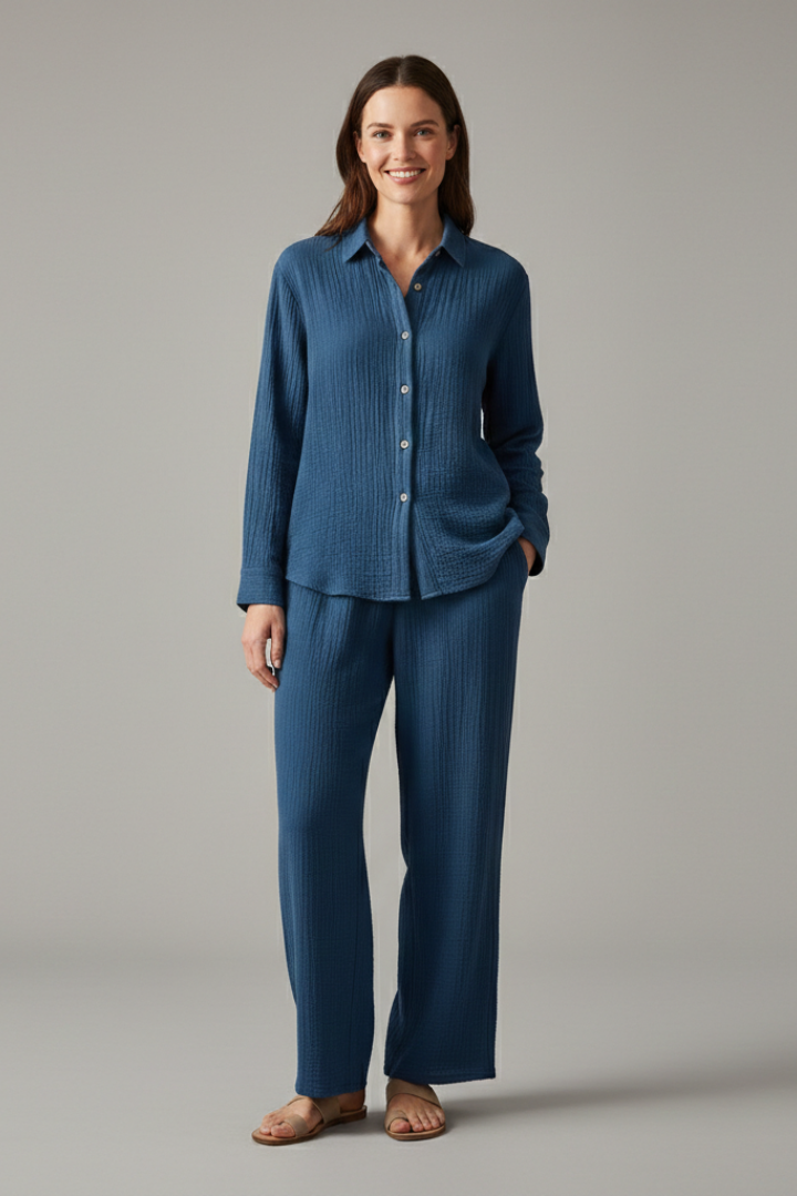 Women’s Two-Piece Set with Button Shirt and Wide Trousers