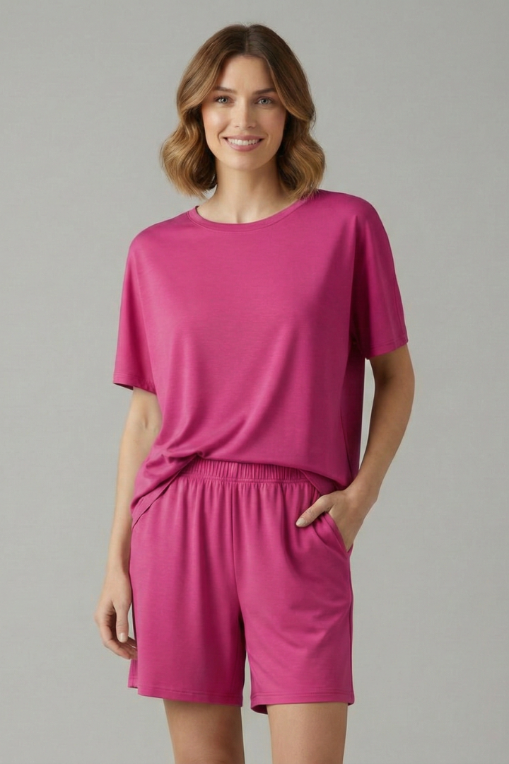 Women’s Two-Piece Set with Round Neck Top and Elastic Waist Shorts
