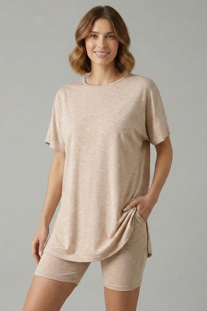 Women’s Two-Piece Set with Round Neck Top and Elastic Waist Shorts