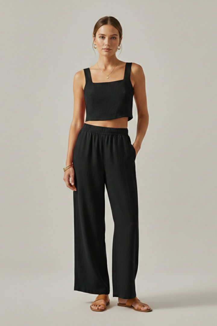 Women’s Two-Piece Set with Strap Top and Wide Trousers