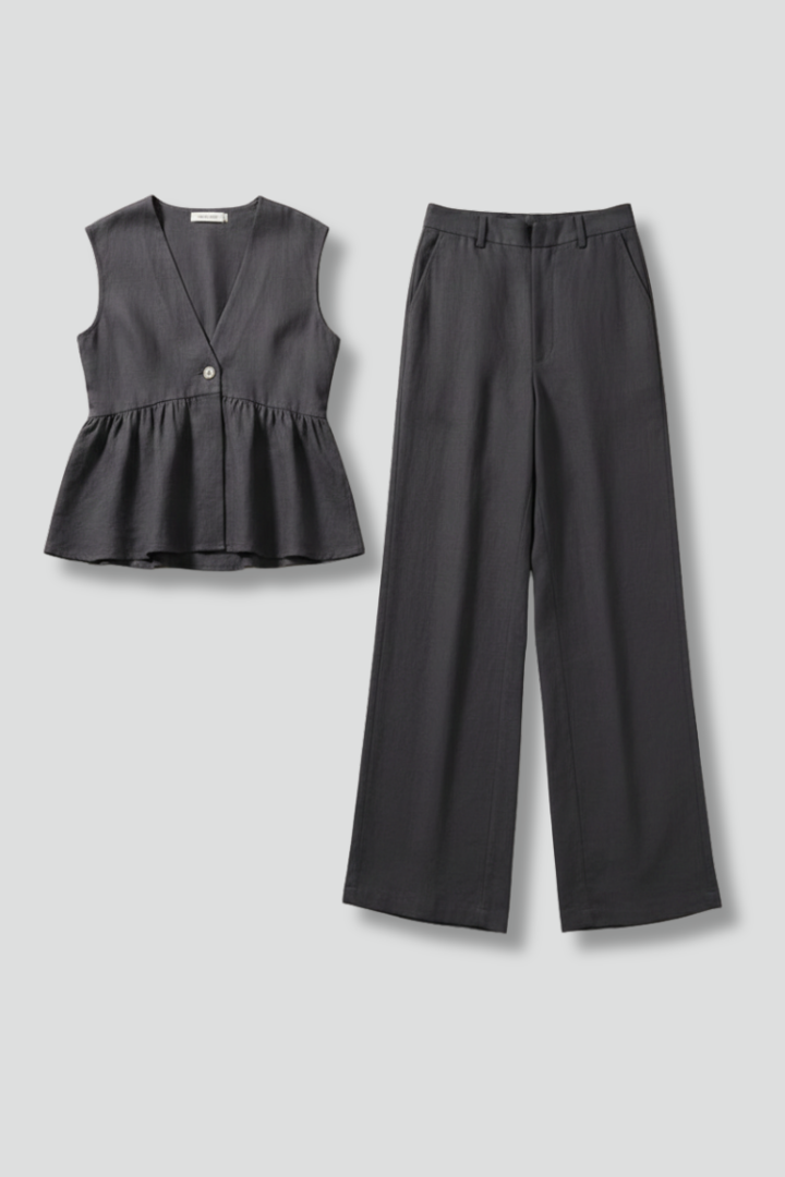 Women’s Two-Piece Set with V-Neck Top and Wide Trousers