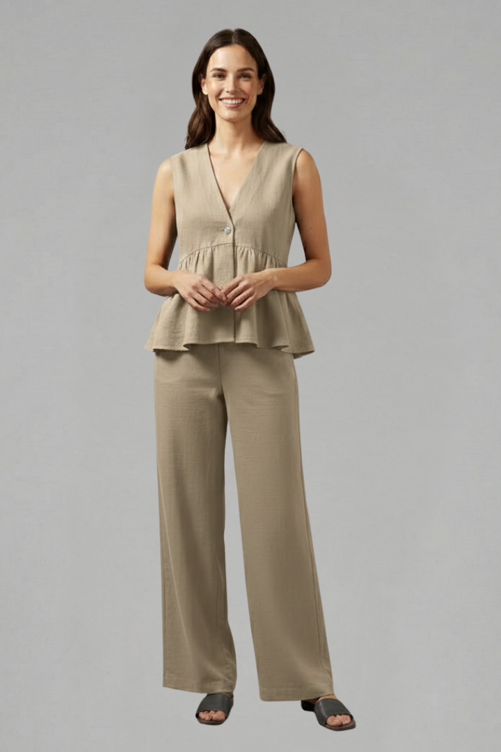 Women’s Two-Piece Set with V-Neck Top and Wide Trousers