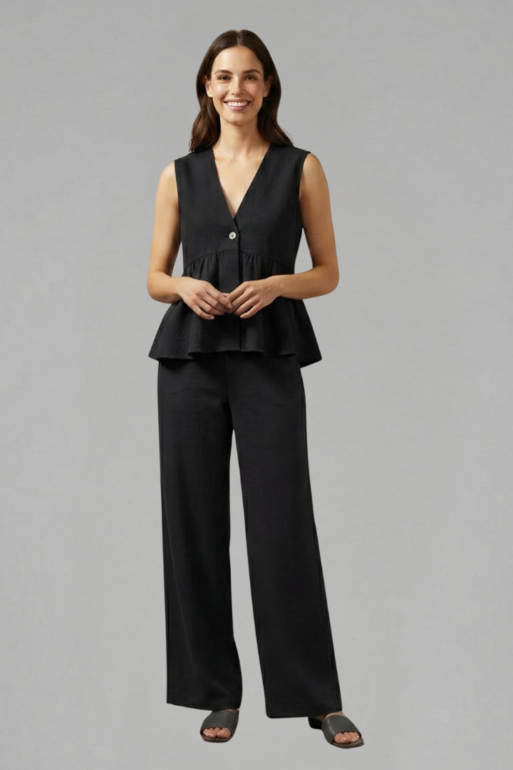 Women’s Two-Piece Set with V-Neck Top and Wide Trousers