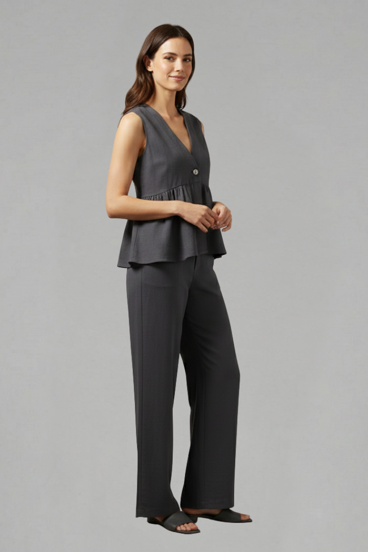 Women’s Two-Piece Set with V-Neck Top and Wide Trousers