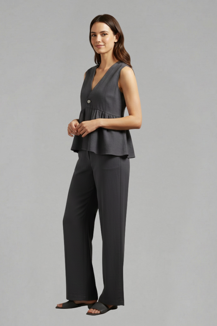 Women’s Two-Piece Set with V-Neck Top and Wide Trousers