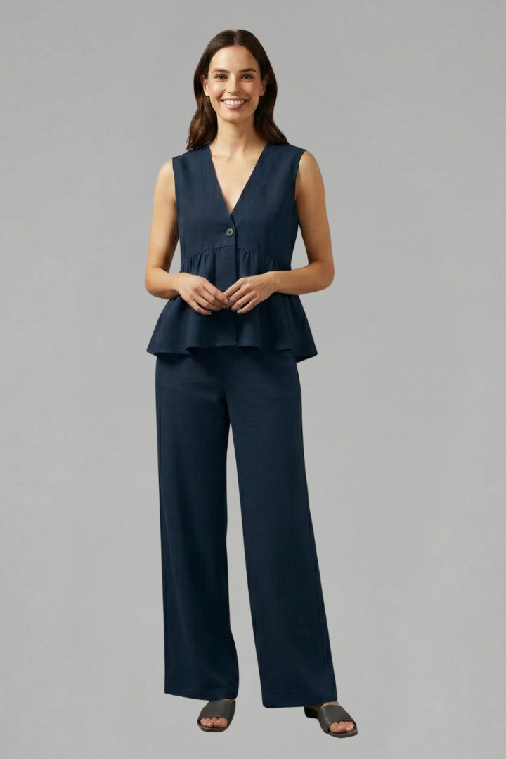 Women’s Two-Piece Set with V-Neck Top and Wide Trousers