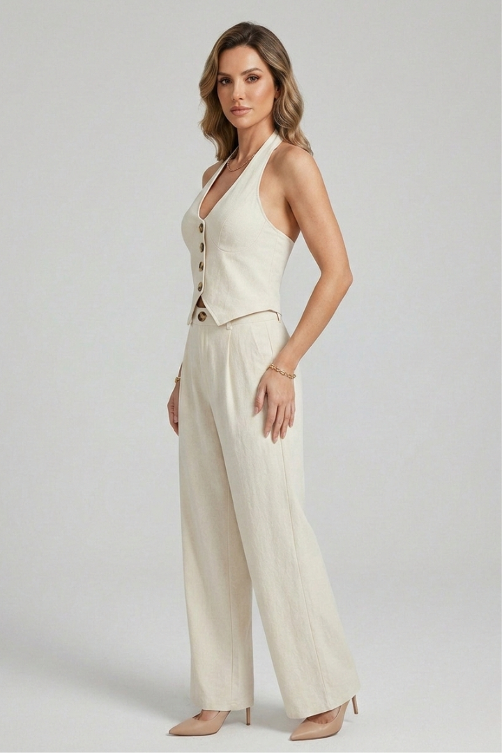 Women’s Two Piece Set with Button Top and Wide Leg Trousers
