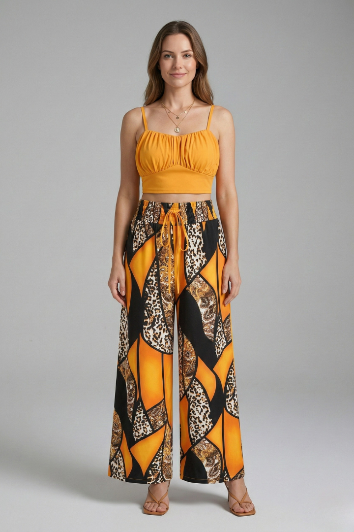 Women’s Two Piece Set with Printed Crop Top and Wide Leg Trousers