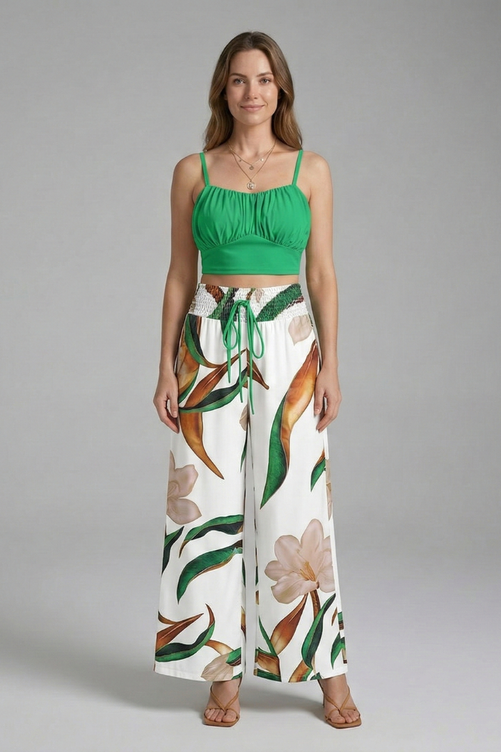 Women’s Two Piece Set with Printed Crop Top and Wide Leg Trousers