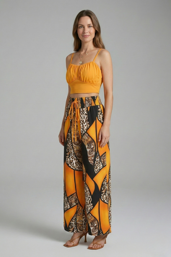 Women’s Two Piece Set with Printed Crop Top and Wide Leg Trousers