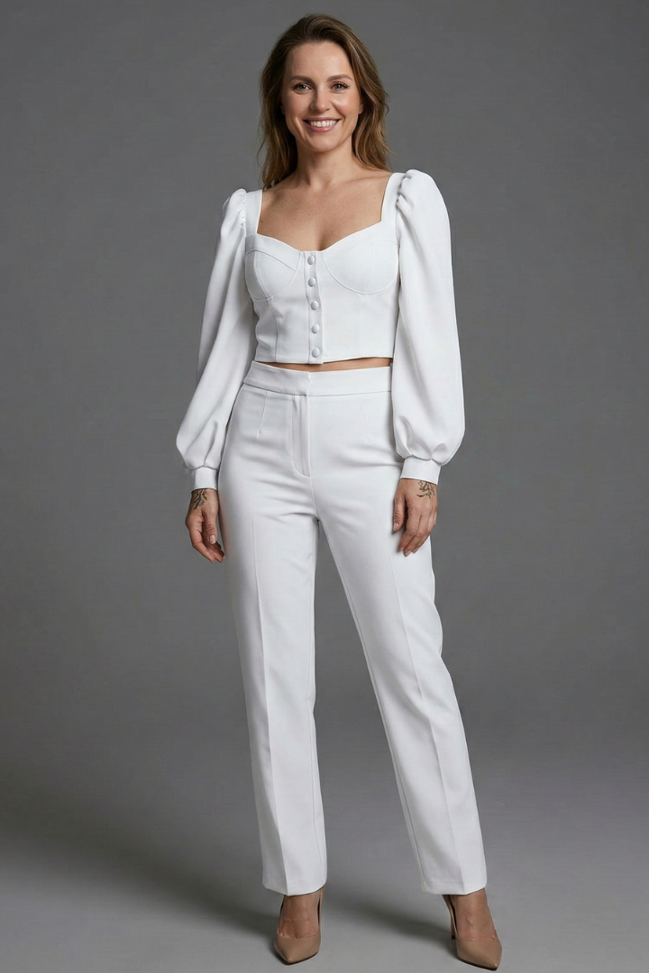 Women’s Two Piece Set with Puff Sleeve Top and Flared Trousers