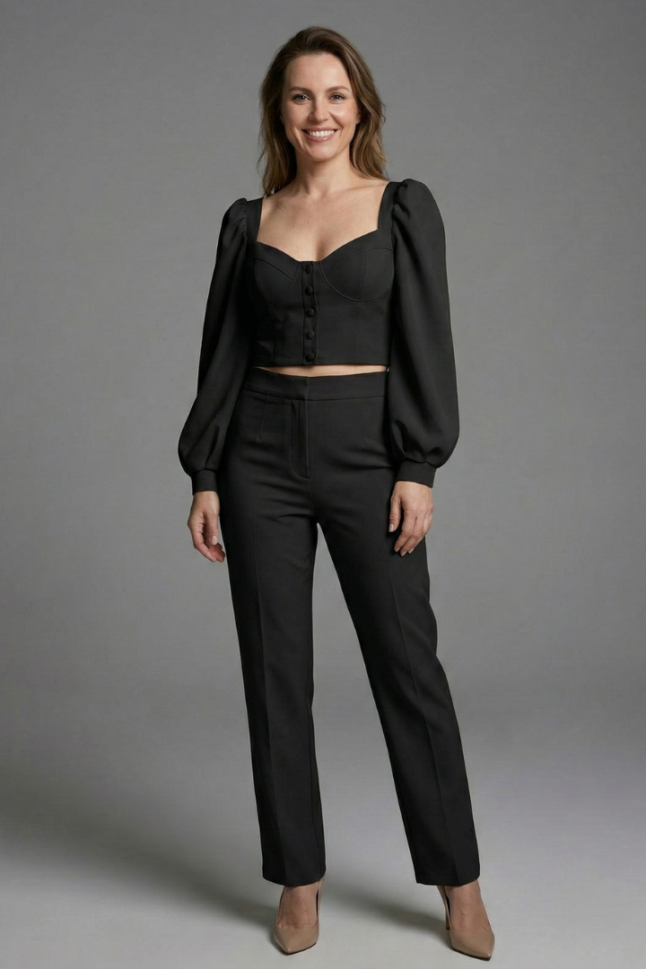Women’s Two Piece Set with Puff Sleeve Top and Flared Trousers