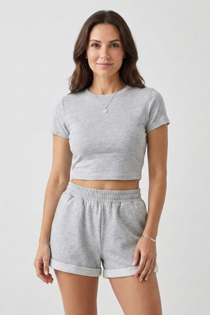 Women’s Two Piece Set with Short Sleeve Top and Elastic Waist Shorts
