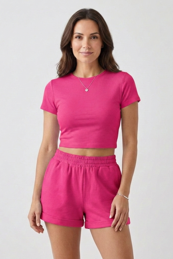 Women’s Two Piece Set with Short Sleeve Top and Elastic Waist Shorts