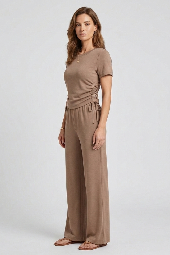 Women’s Two Piece Set with Short Sleeve Top and Wide Leg Trousers