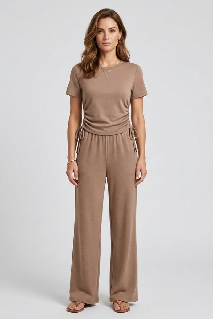 Women’s Two Piece Set with Short Sleeve Top and Wide Leg Trousers