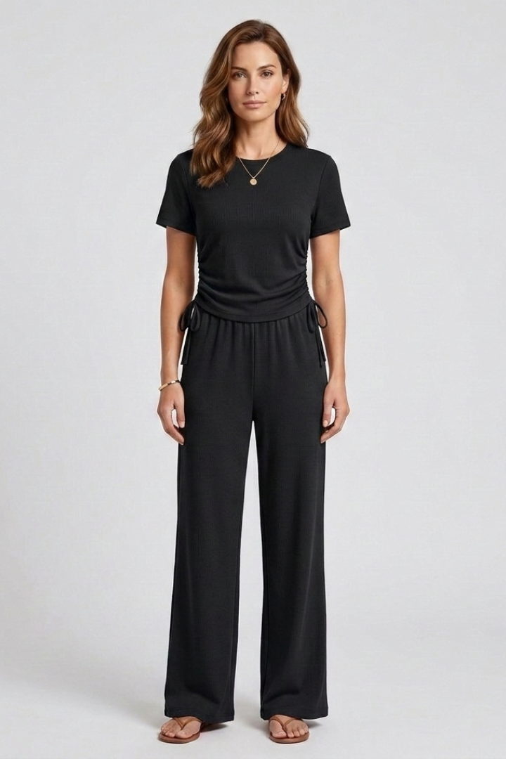 Women’s Two Piece Set with Short Sleeve Top and Wide Leg Trousers