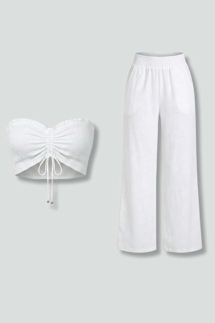 Women’s Two Piece Set with Strapless Top and Wide Leg Trousers