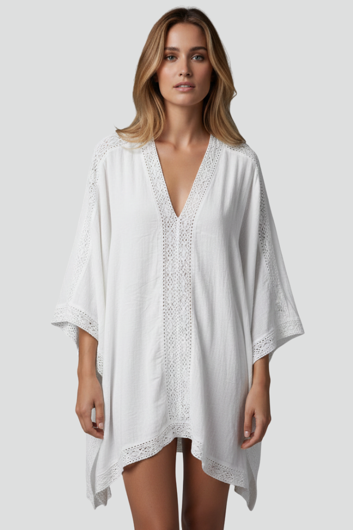 Women’s V-Neck Tunic with Wide Sleeves and Textured Surface